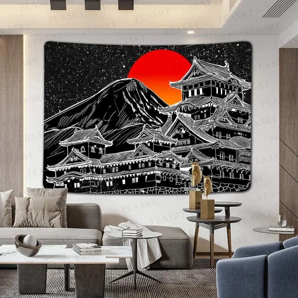 Japanese Fuji Mountain Art Chinese Dojo BlackWhite Sunset Graphic Print Tapestry
